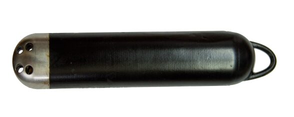 a black rumen bolus horizontal showing stainless end cap